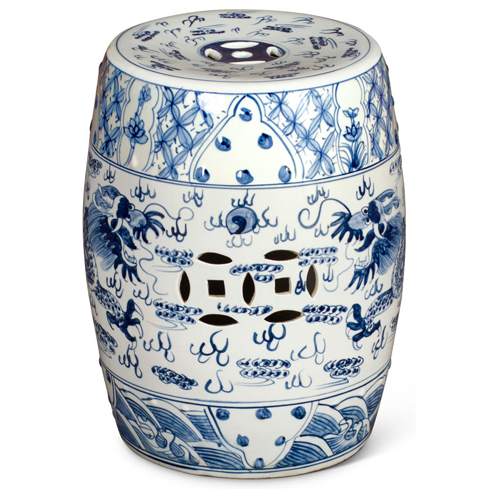 Blue & White Porcelain Chinese Imperial Dragon Motif Garden Stool