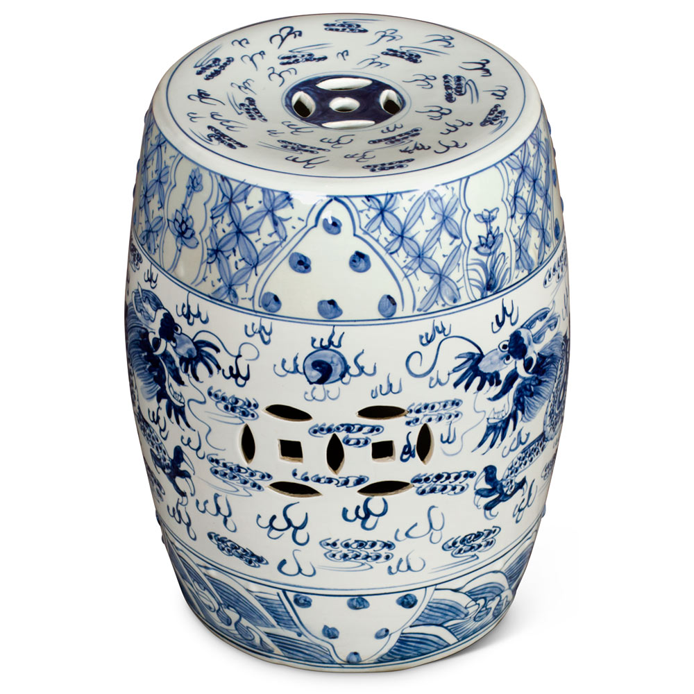 Blue & White Porcelain Chinese Imperial Dragon Motif Garden Stool