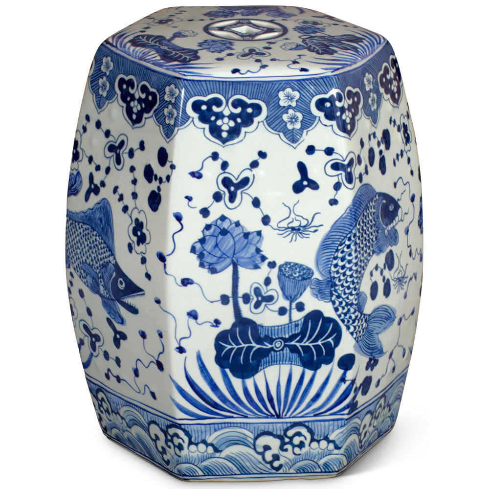 Blue & White Porcelain Lotus and Fish Motif Chinese Garden Stool