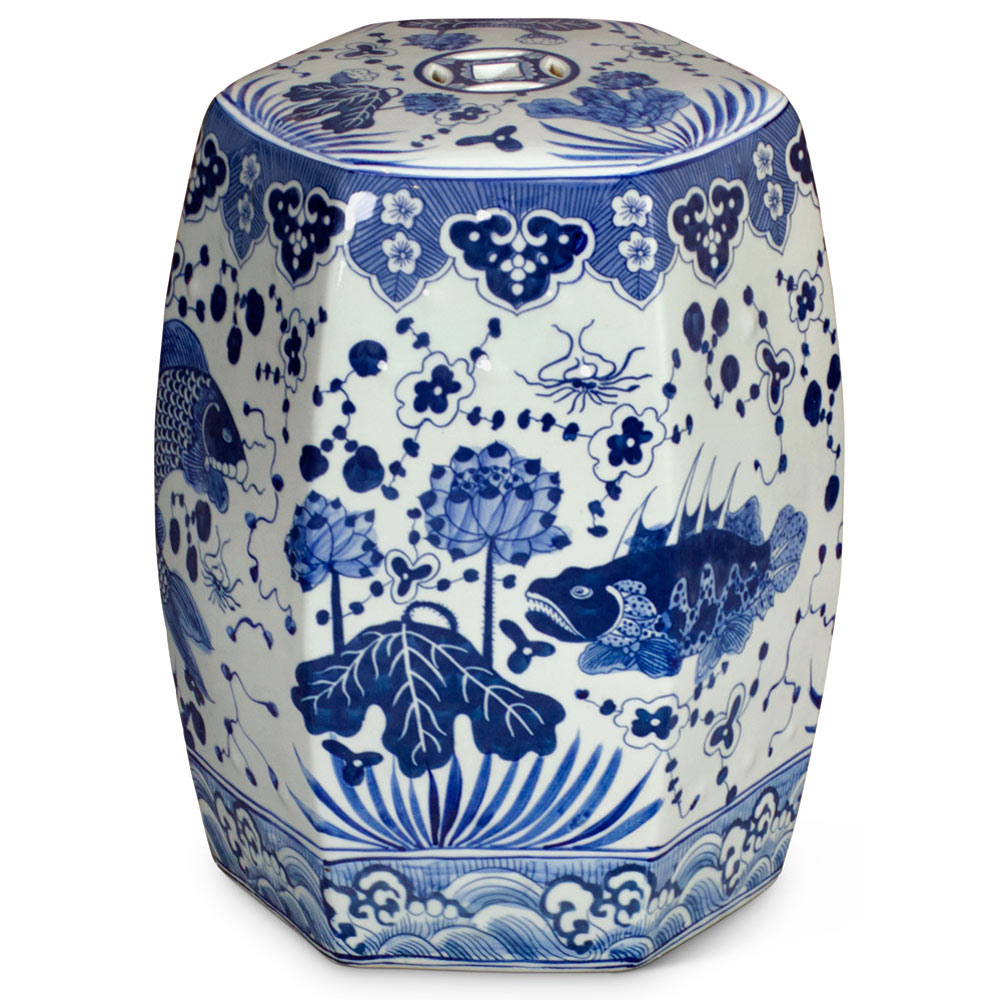 Blue & White Porcelain Lotus and Fish Motif Chinese Garden Stool