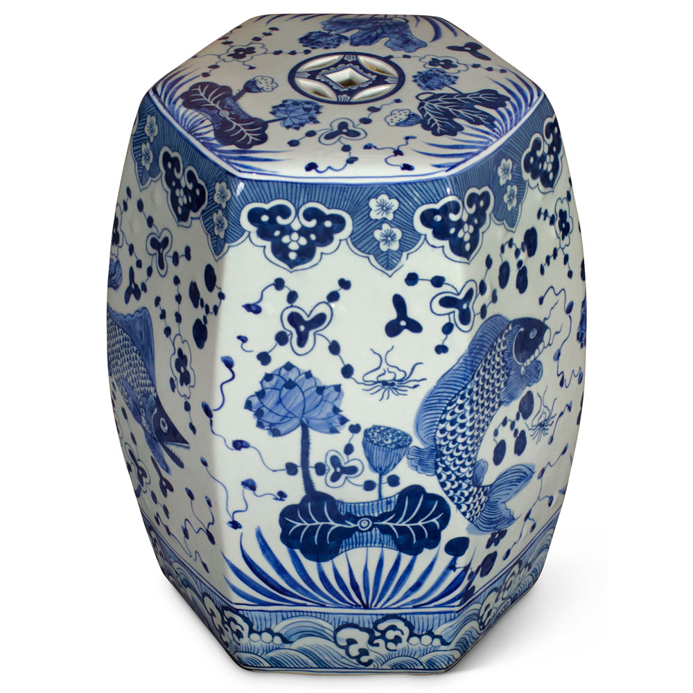 Blue & White Porcelain Lotus and Fish Motif Chinese Garden Stool
