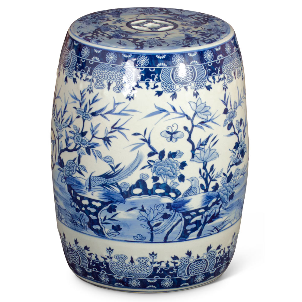 Blue & White Porcelain Flower and Bird Motif Chinese Garden Stool