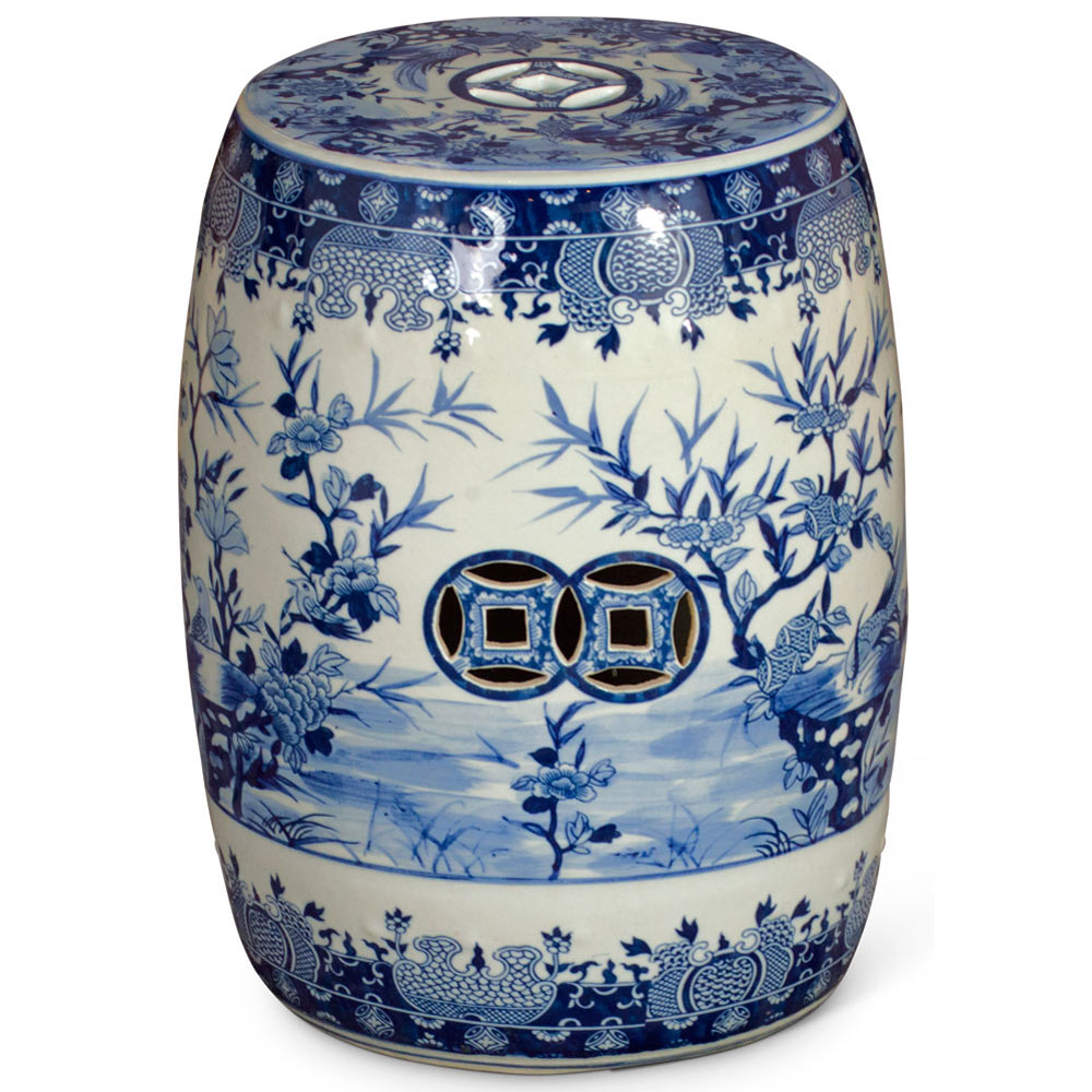 Blue & White Porcelain Flower and Bird Motif Chinese Garden Stool