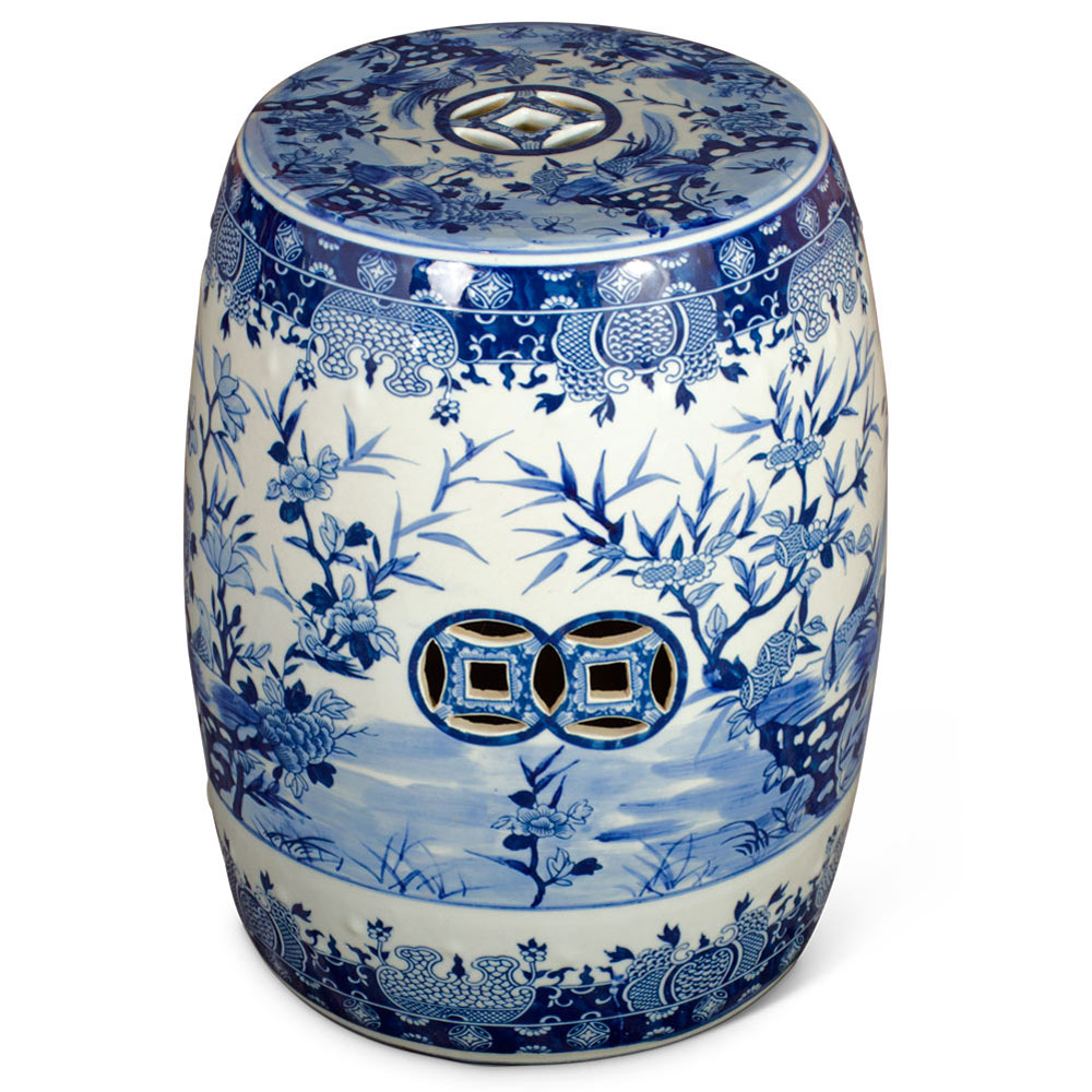 Blue & White Porcelain Flower and Bird Motif Chinese Garden Stool