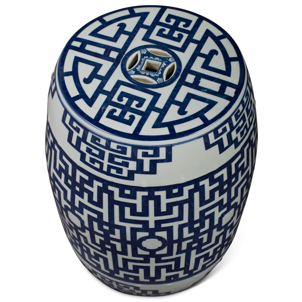 Blue & White Porcelain Chinese Key Motif Garden Stool