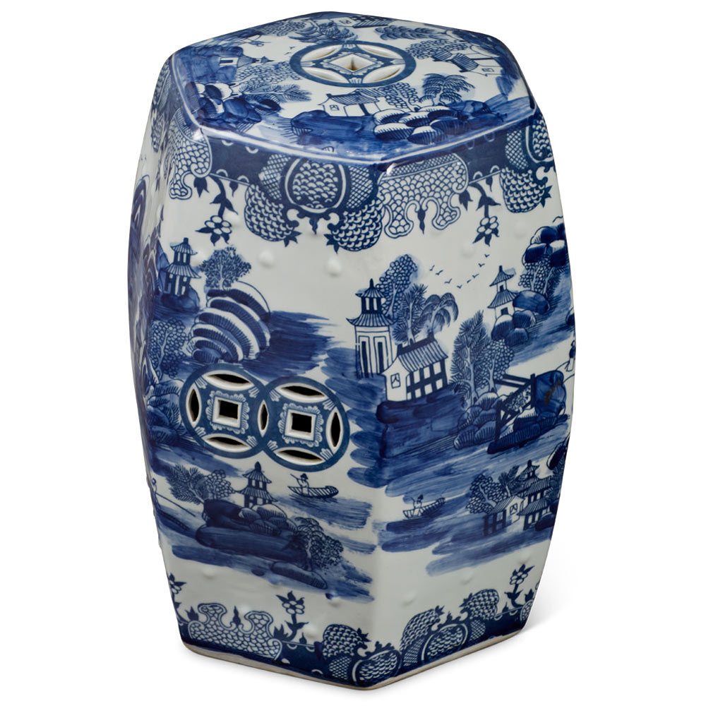 Blue & White Porcelain Chinese Scenery Hexagon Garden Stool