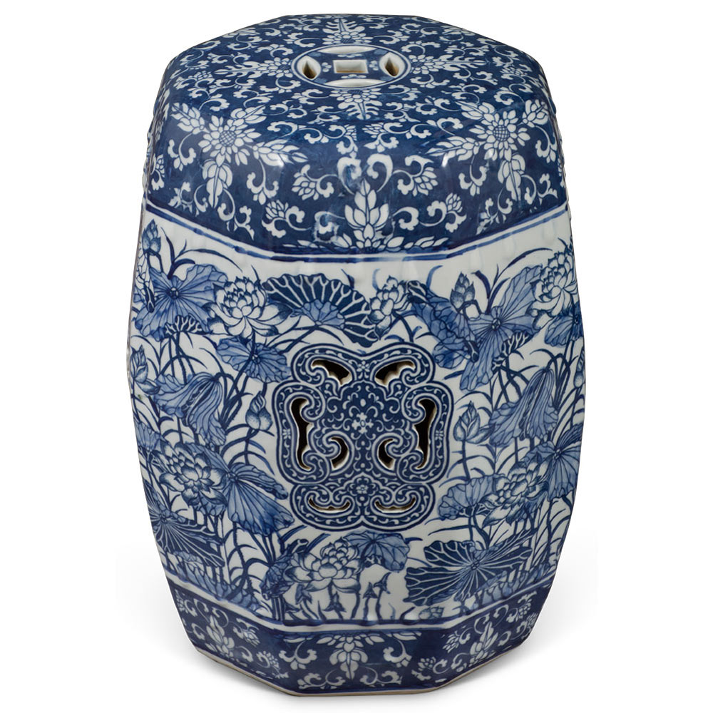 Blue & White Porcelain Lotus and Flower Motif Chinese Octogonal Garden Stool