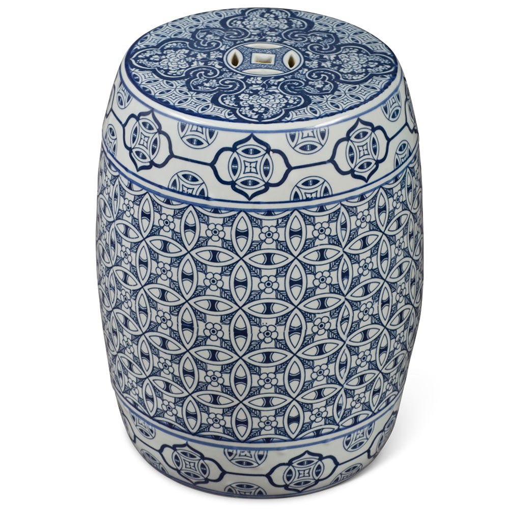 Blue & White Porcelain Chinese Coin Motif Garden Stool