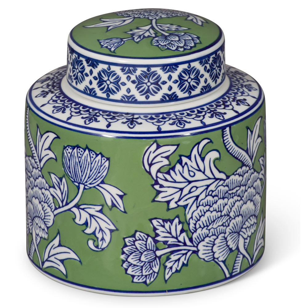 Green and White Peony Flower Motif Oriental Porcelain Tea Jar