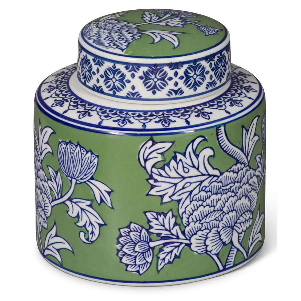 Green and White Peony Flower Motif Oriental Porcelain Tea Jar