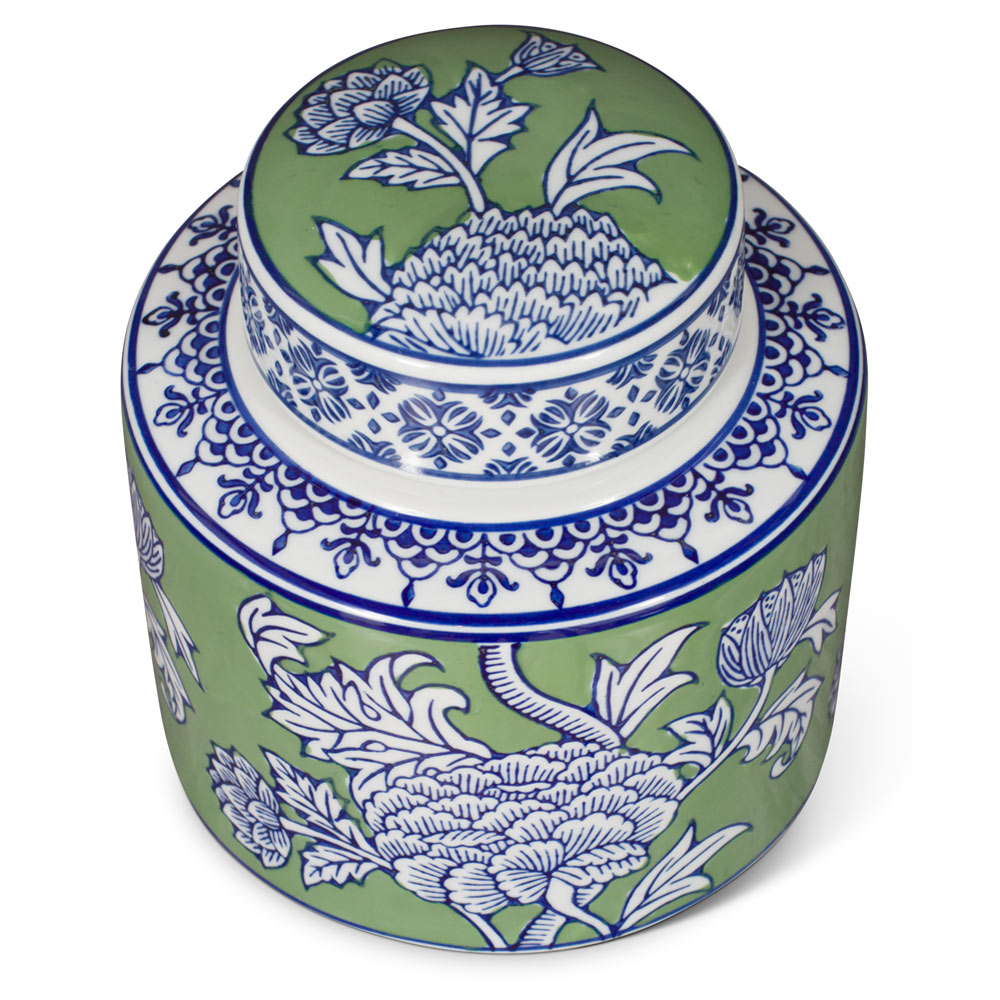 Green and White Peony Flower Motif Oriental Porcelain Tea Jar