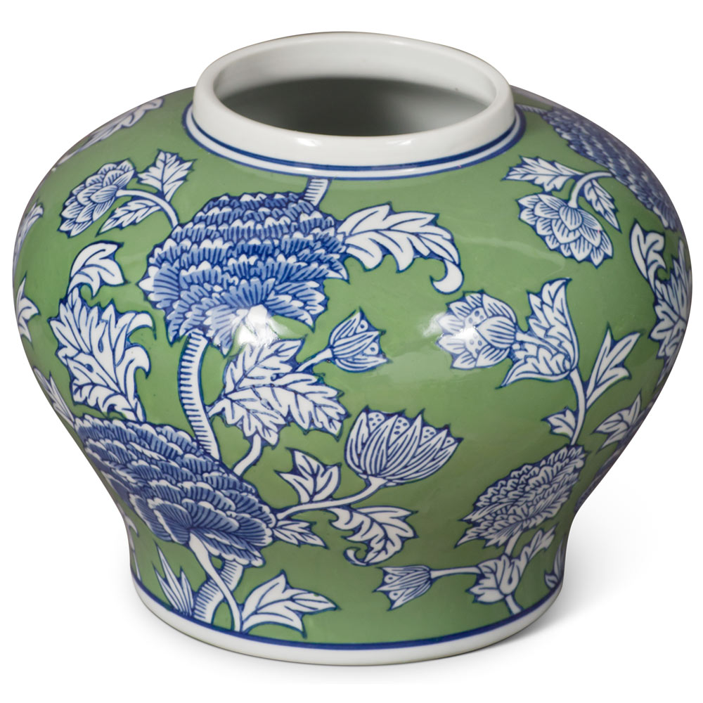 Green and White Peony Flower Motif Oriental Porcelain Jar