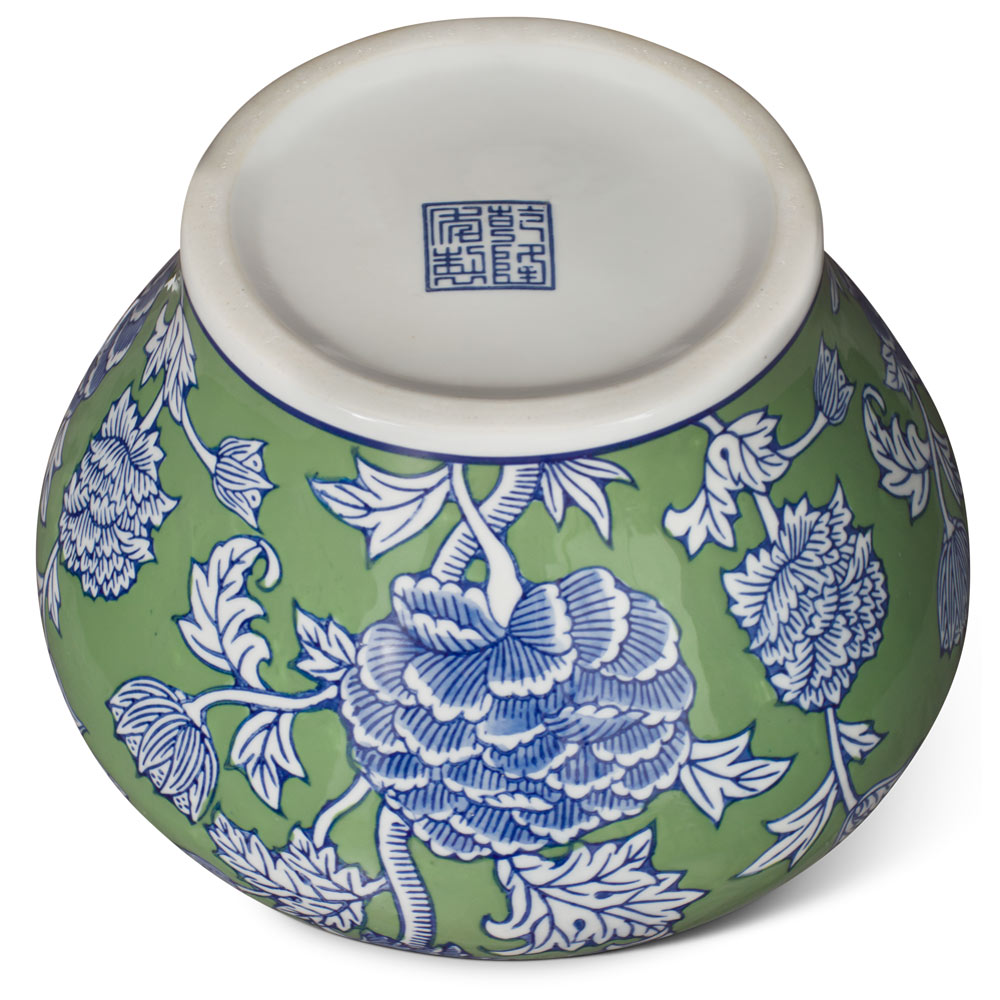 Green and White Peony Flower Motif Oriental Porcelain Jar