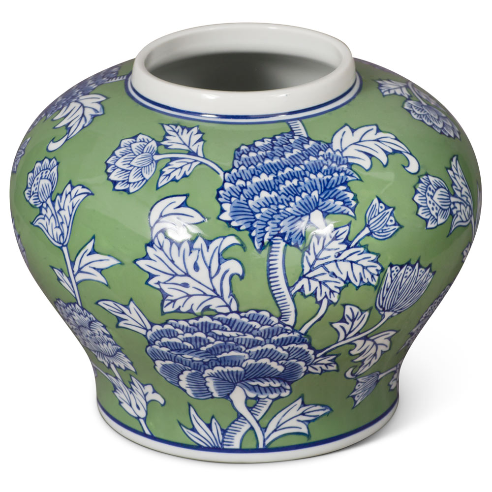 Green and White Peony Flower Motif Oriental Porcelain Jar