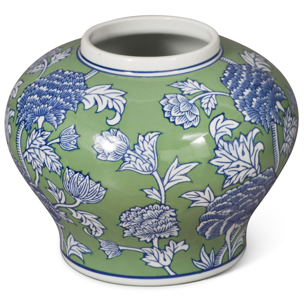 Green and White Peony Flower Motif Oriental Porcelain Jar