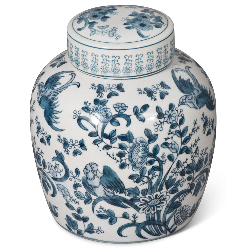Blue and White Bird and Flower Motif Chinese Porcelain Tea Jar