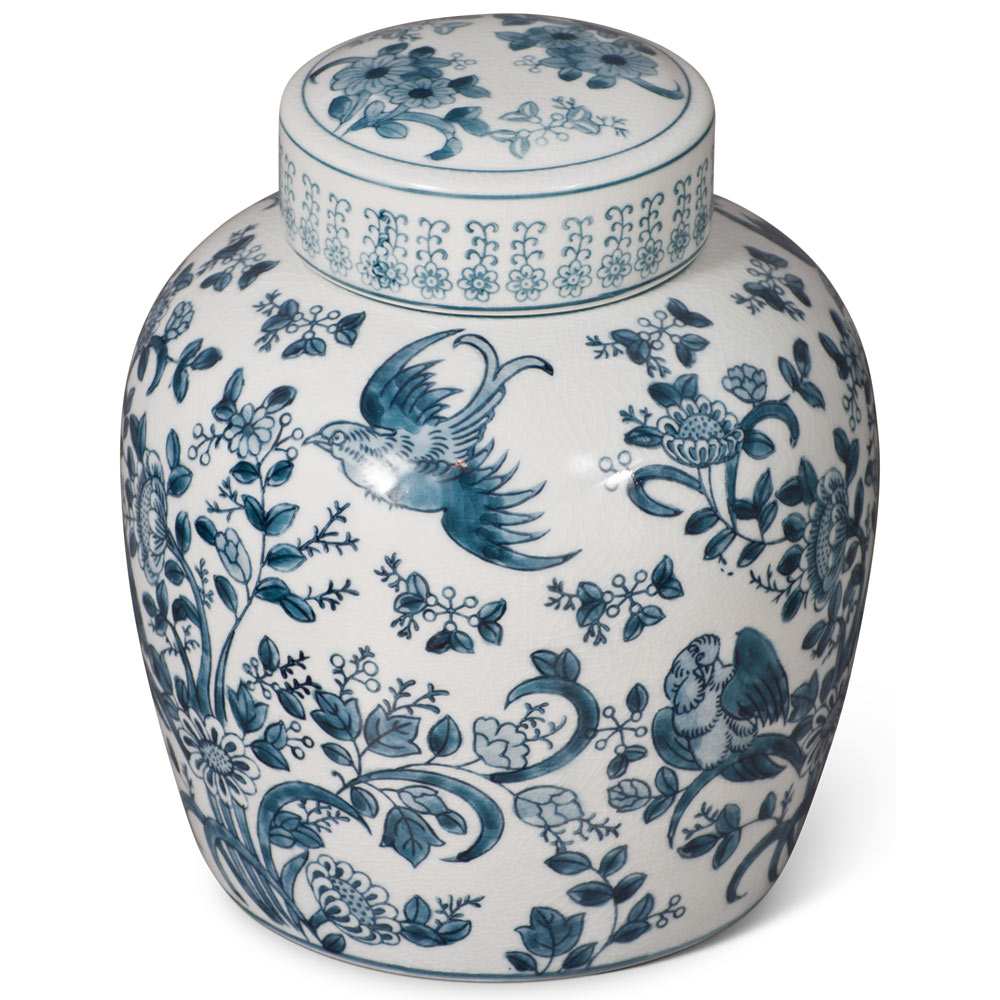 Blue and White Bird and Flower Motif Chinese Porcelain Tea Jar