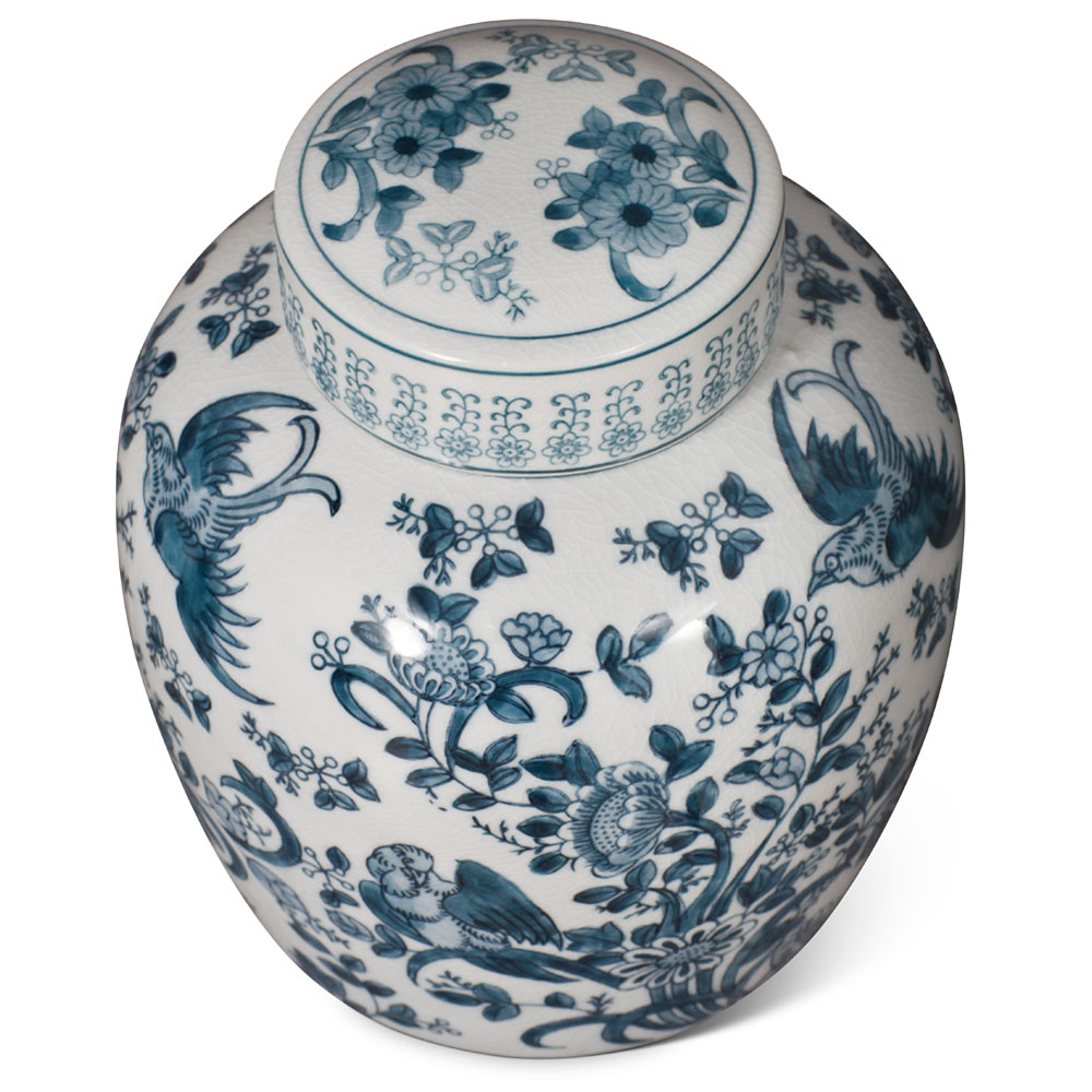 Blue and White Bird and Flower Motif Chinese Porcelain Tea Jar