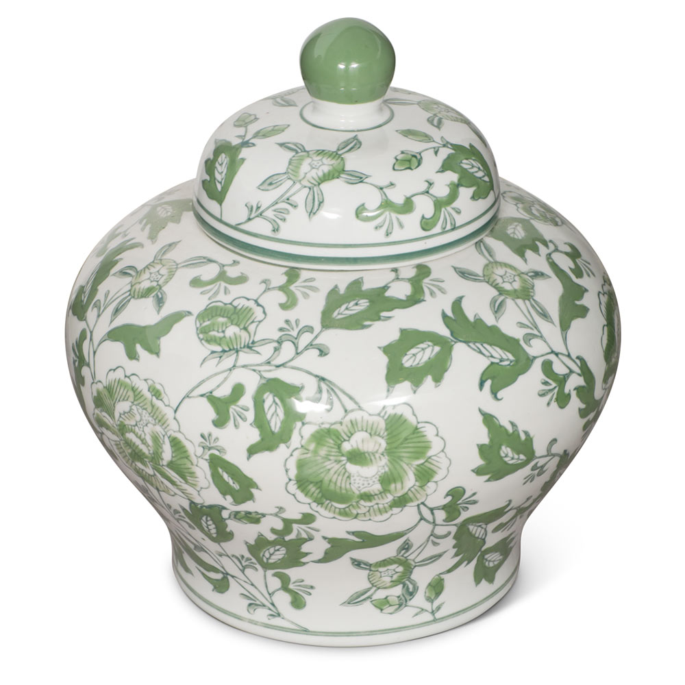 Green and White Flower Motif Oriental Porcelain Tea Jar