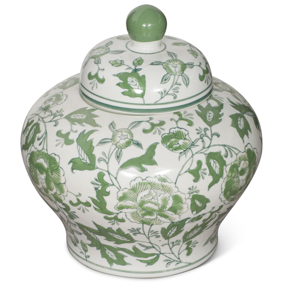Green and White Flower Motif Oriental Porcelain Tea Jar