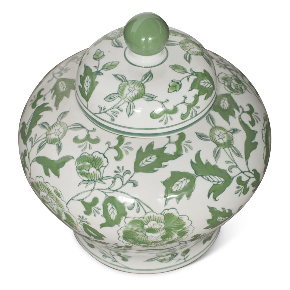 Green and White Flower Motif Oriental Porcelain Tea Jar
