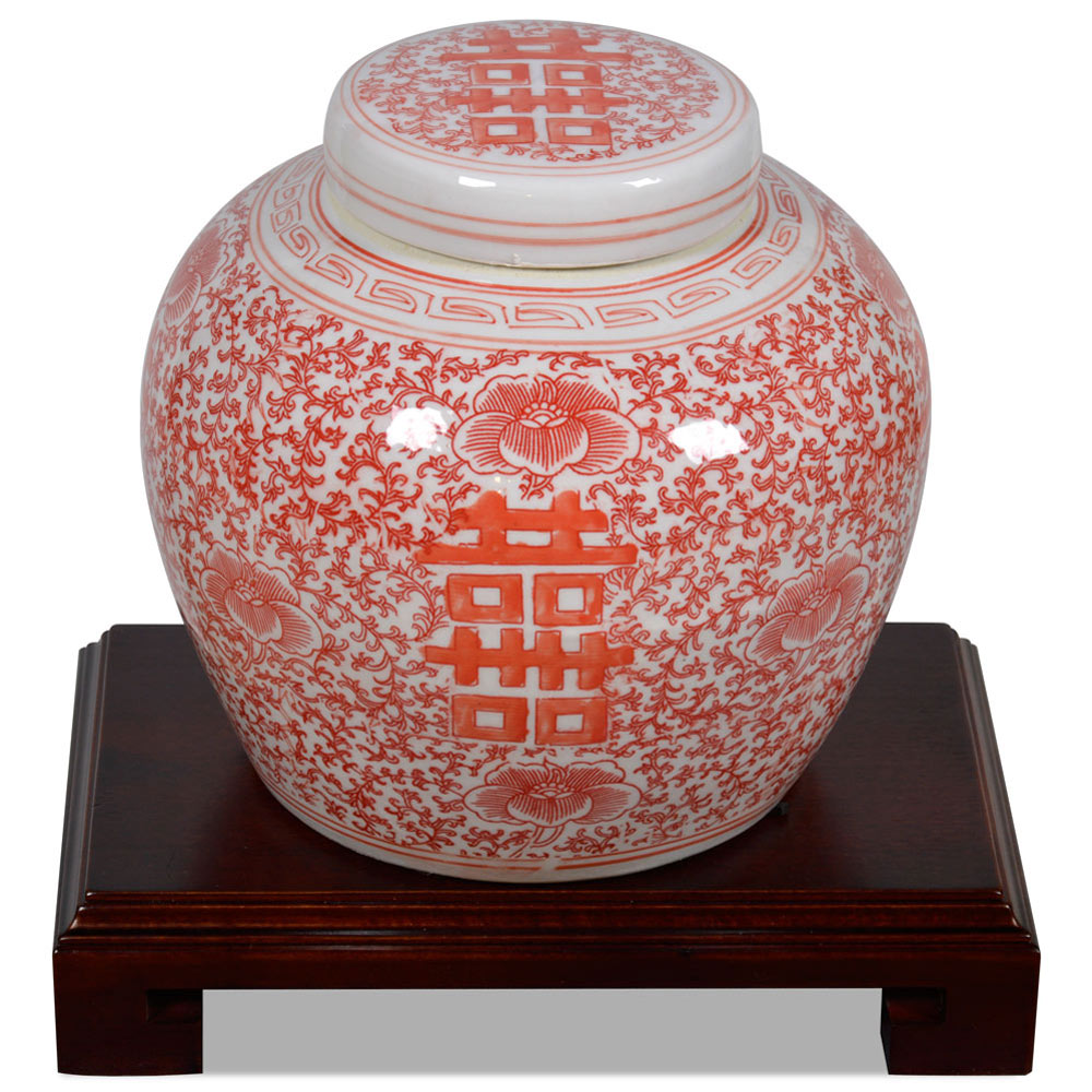 Red and White Porcelain Chinese Double Happiness Jar