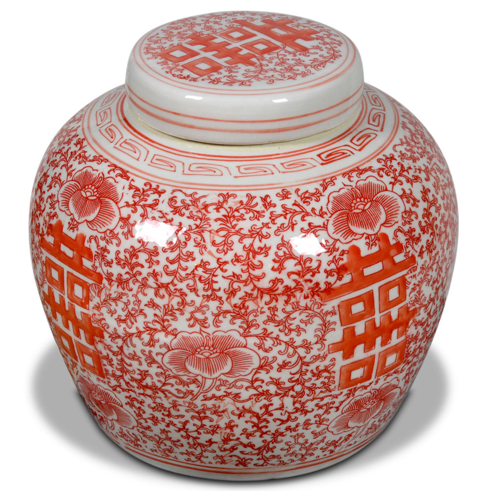 Red and White Porcelain Chinese Double Happiness Jar