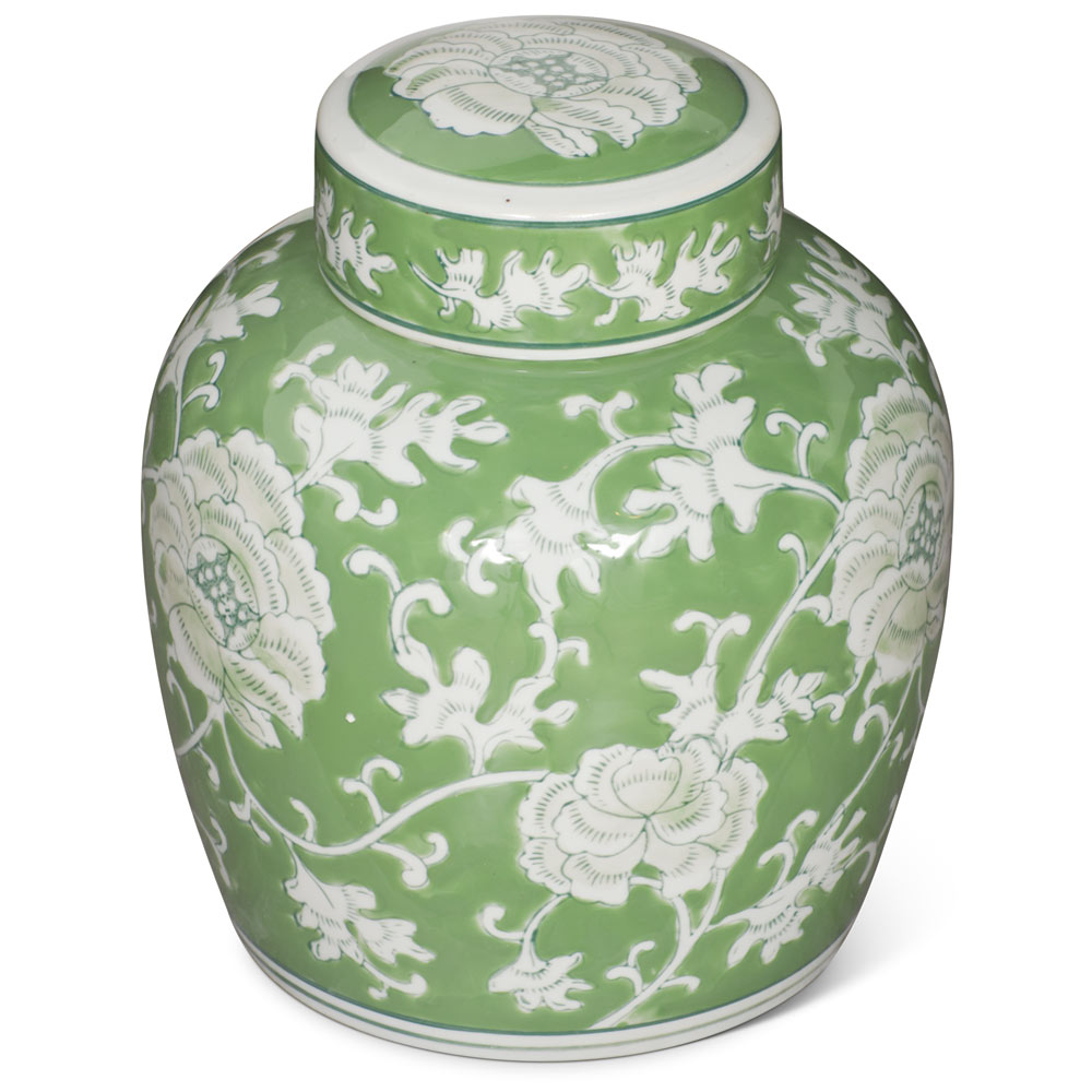 Green and White Peony Flower Motif Oriental Porcelain Tea Jar