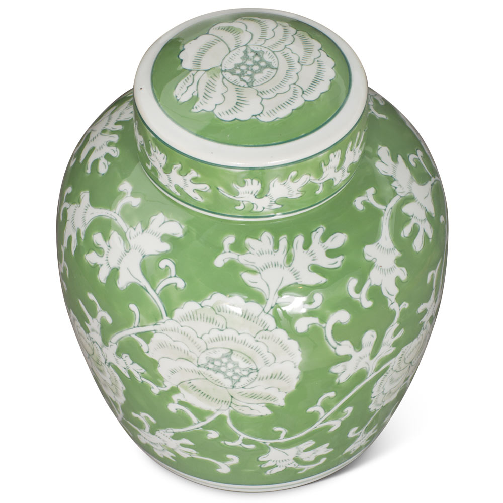 Green and White Peony Flower Motif Oriental Porcelain Tea Jar