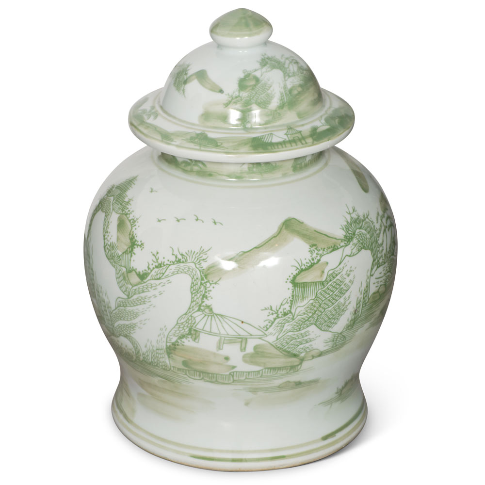 Green and White Scenery Motif Oriental Porcelain Jar with Lid