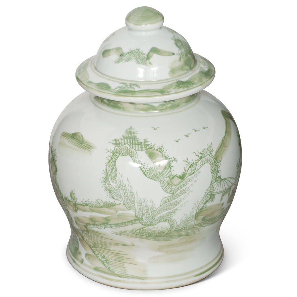 Green and White Scenery Motif Oriental Porcelain Jar with Lid