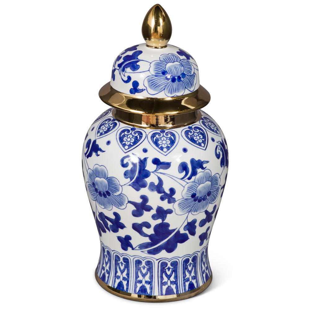14 Inch Blue and White Porcelain Oriental Ginger Jar with Gold Accent