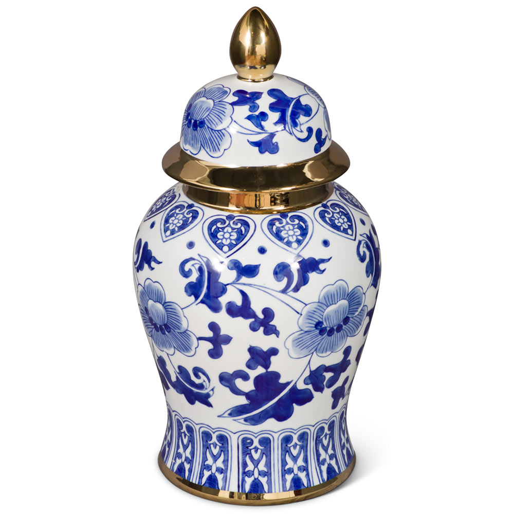 14 Inch Blue and White Porcelain Oriental Ginger Jar with Gold Accent