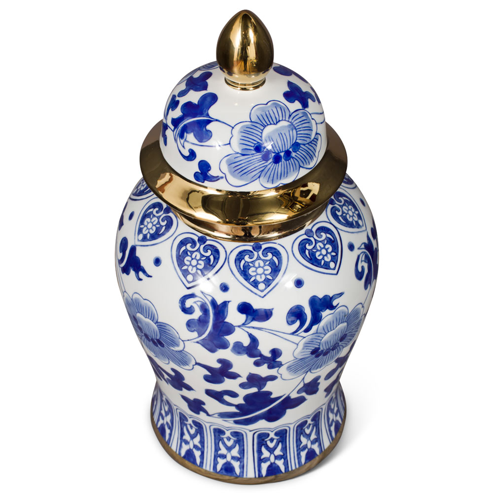 14 Inch Blue and White Porcelain Oriental Ginger Jar with Gold Accent
