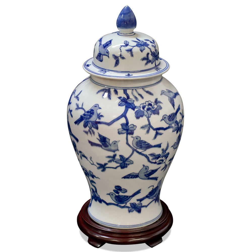 Blue and White Flower and Bird Chinese Porcelain Ginger Jar