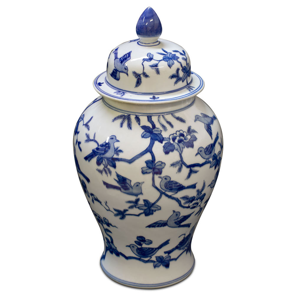 Blue and White Flower and Bird Chinese Porcelain Ginger Jar