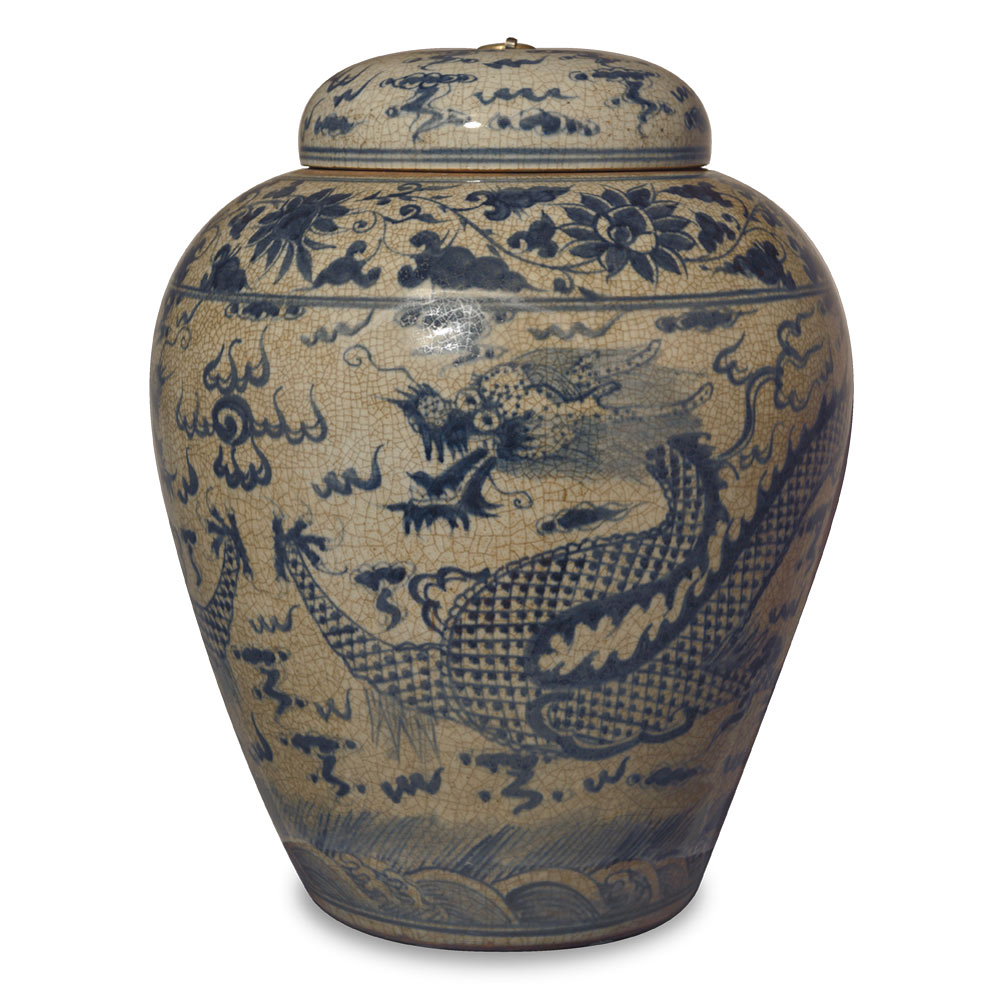 Blue and White Porcelain Imperial Dragon Asian Temple Jar