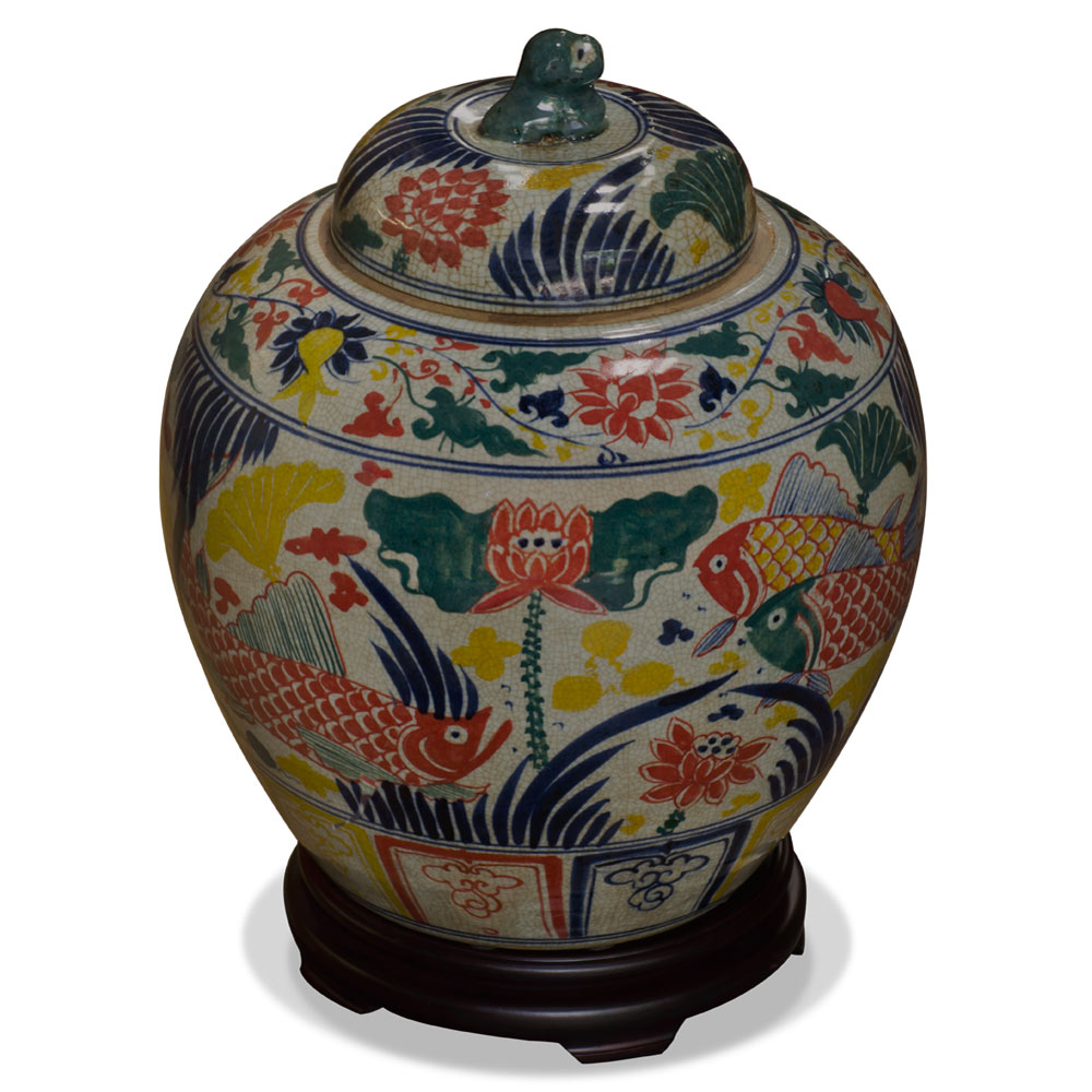 Porcelain Koi Fish Pond Chinese Temple Jar