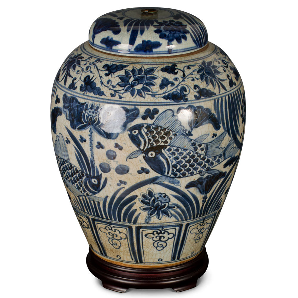 Blue and White Porcelain Prosperity Koi Fish Chinese Temple Jar