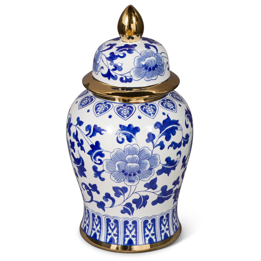 18 Inch Blue and White Porcelain Oriental Ginger Jar with Gold Accent