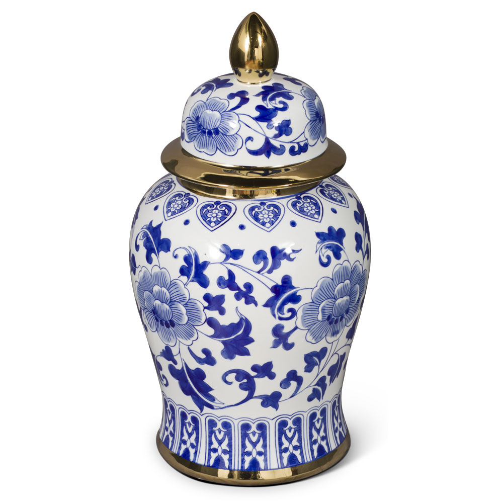 18 Inch Blue and White Porcelain Oriental Ginger Jar with Gold Accent
