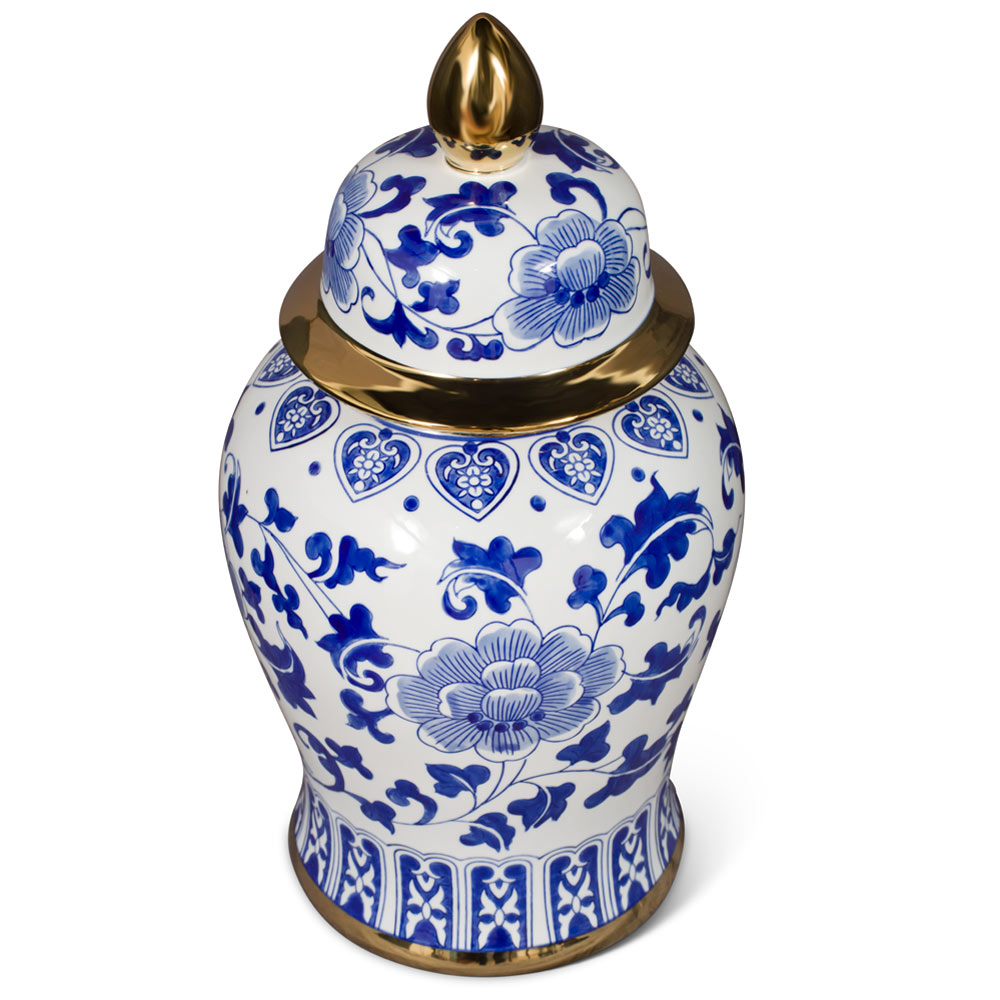 18 Inch Blue and White Porcelain Oriental Ginger Jar with Gold Accent