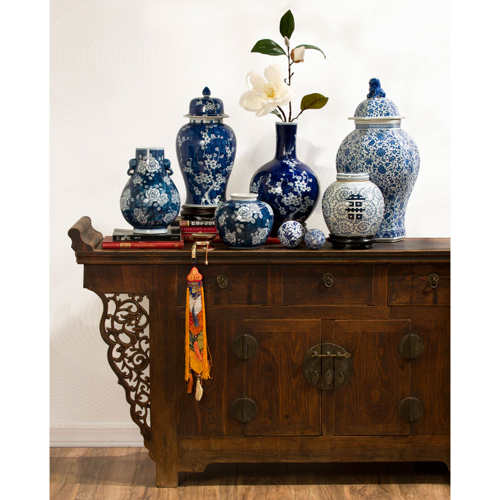 Blue and White Cherry Blossom Motif Chinese Porcelain Ginger Jar