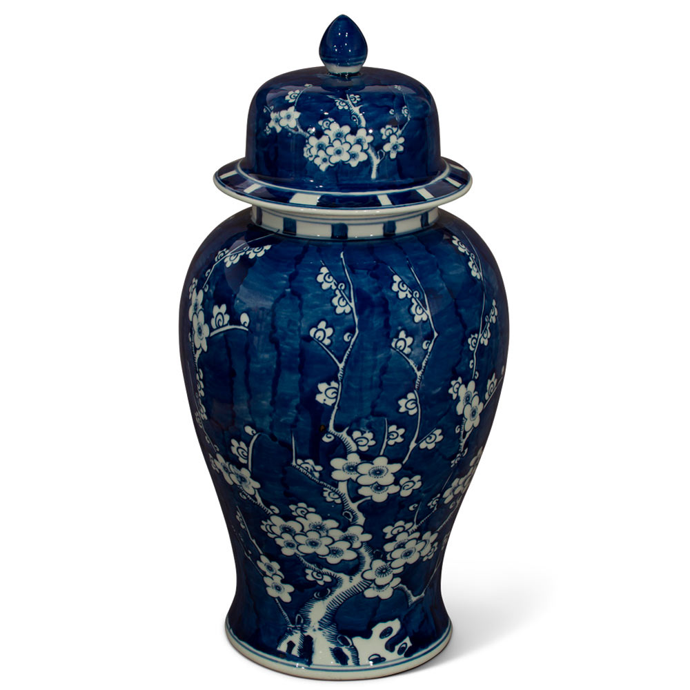 Blue and White Cherry Blossom Motif Chinese Porcelain Ginger Jar