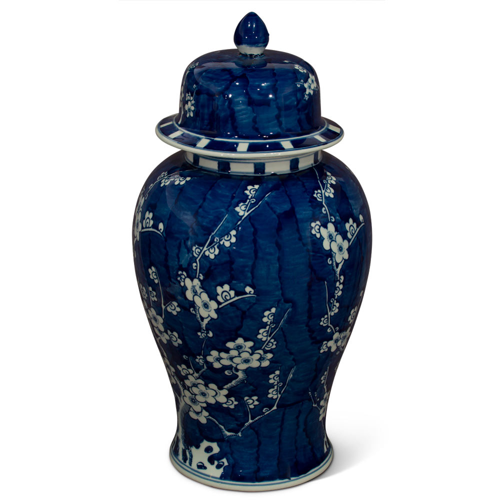 Blue and White Cherry Blossom Motif Chinese Porcelain Ginger Jar