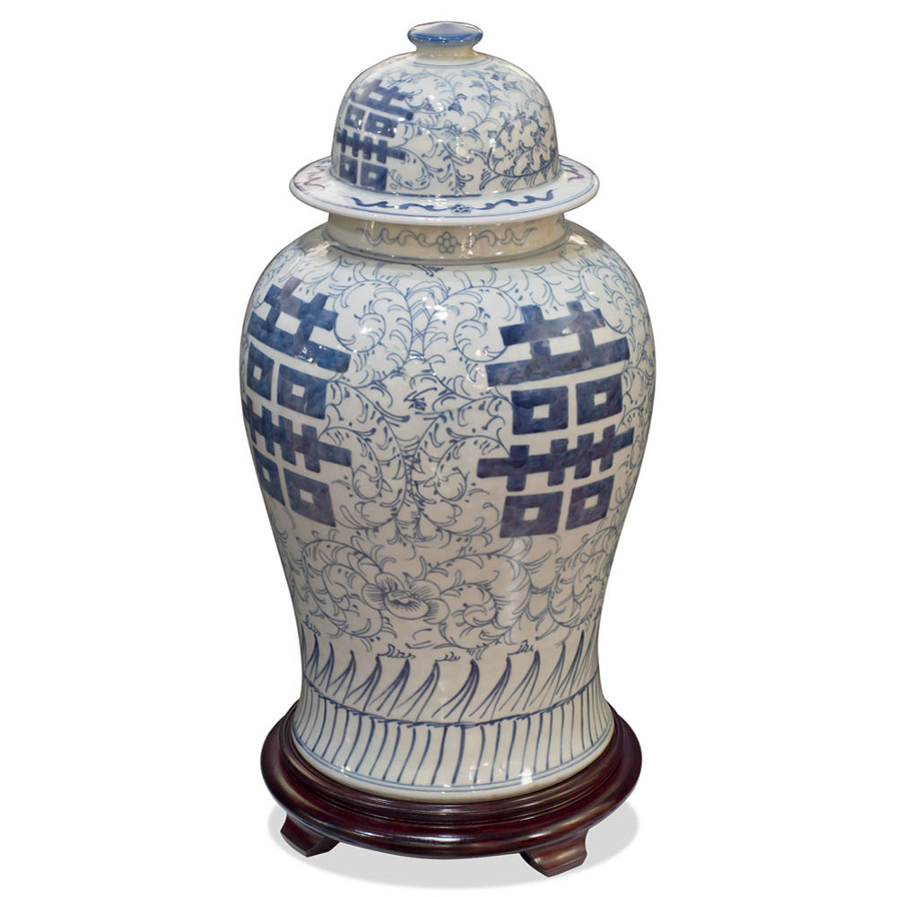 Blue and White Porcelain Double Happiness Chinese Ginger Jar