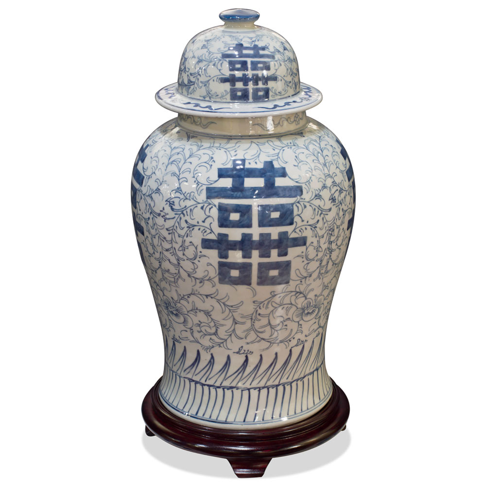 Blue and White Porcelain Double Happiness Chinese Ginger Jar