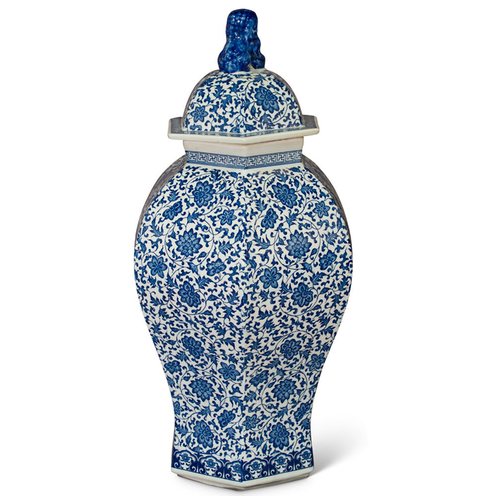 Floral Blue and White Oriental Ginger Jar with Foo Dog Motif Lid