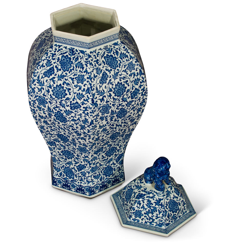 Floral Blue and White Oriental Ginger Jar with Foo Dog Motif Lid