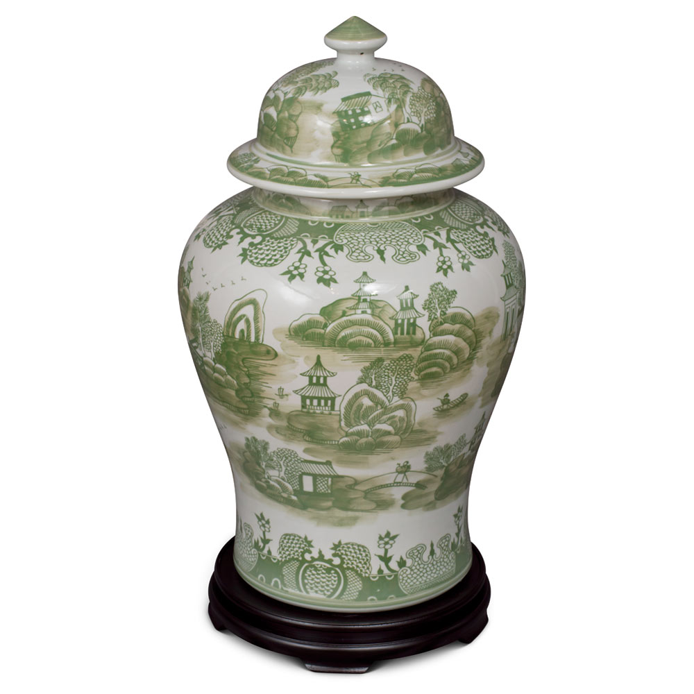 22 Inch Green Chinoiserie Scenery Motif Porcelain Ginger Jar